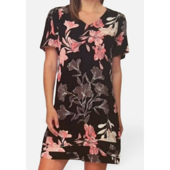 Original Nicole Miller Dress Linen Black Tropical Floral Beachy Boho Large - Picture 1 of 13